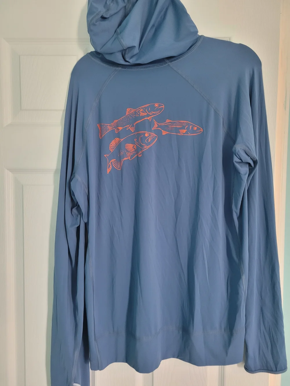 Stio Men's Long-Sleeve Hooded Top in Slate Blue with Coral Logo